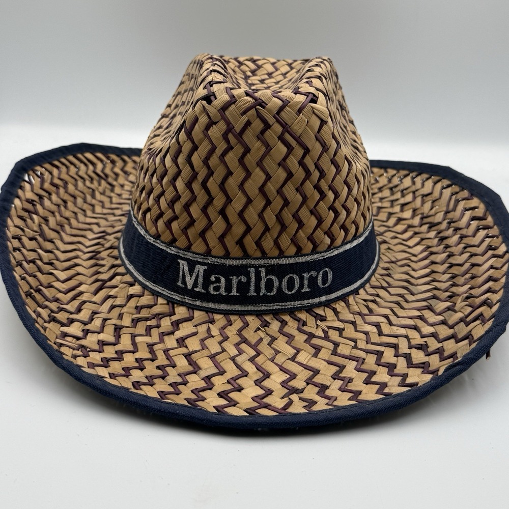 Vintage Marlboro Cowboy Hat Woven Straw Sun Hat Western Tobacco Promo Blue Trim